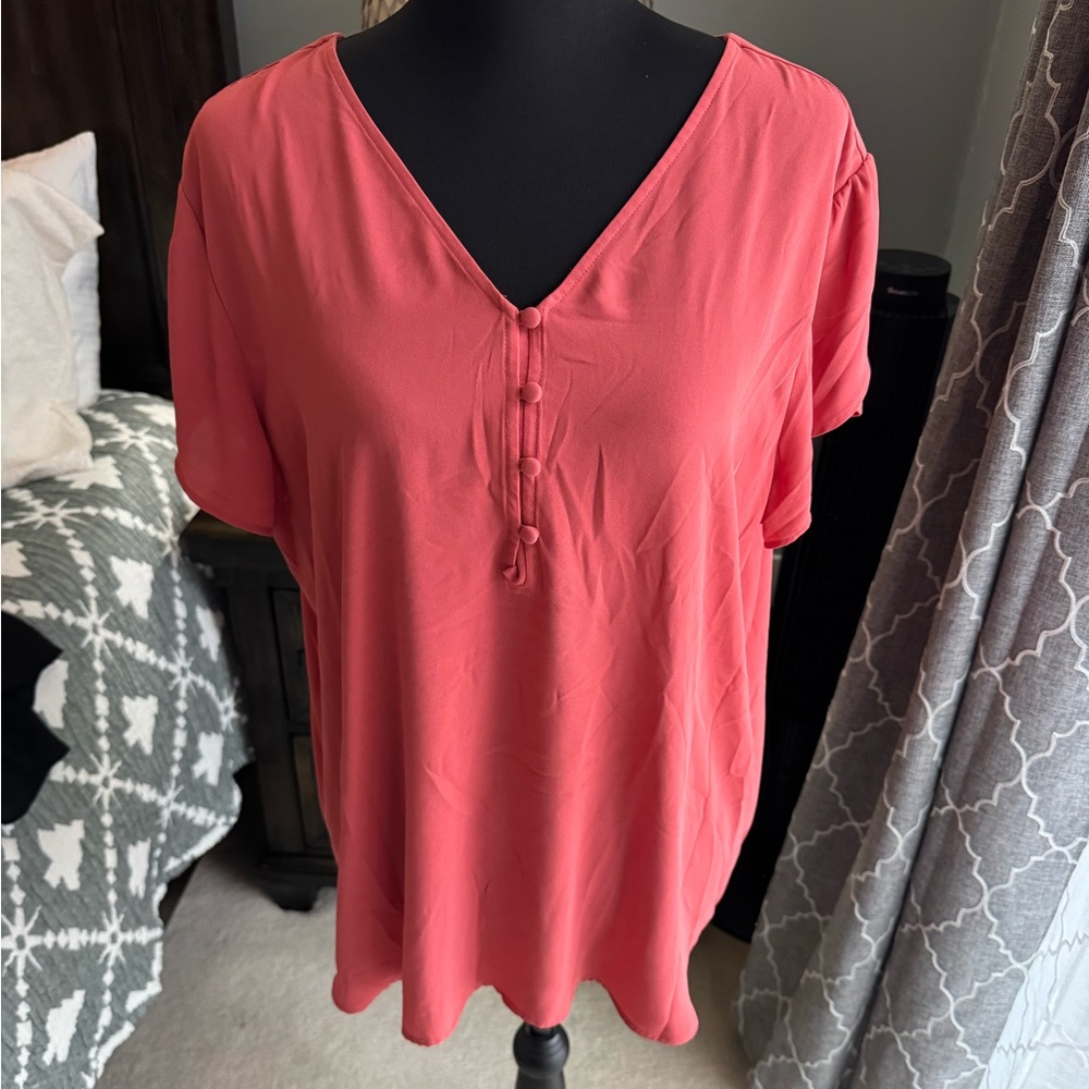 LOFT Coral Buttoned V-Neck Blouse